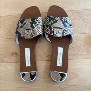 ZARA SIZE 6/ 36 BLACK AND TAN SNAKE PRINT WOMEN'S SANDALS GOOD CONDITION